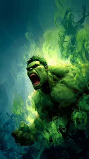 Digital artwork of the Hulk roaring fiercely, surrounded by swirling green smoke and clenched fists ready to smash.