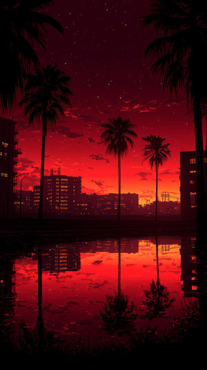 Silhouetted palms and city buildings under a vivid red sunset sky, stars overhead and water reflection below.