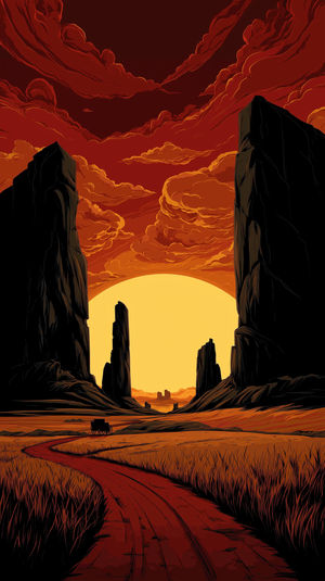 Illustration of a fiery desert sunset with a red dirt road winding between towering monolith cliffs and a lone wagon.