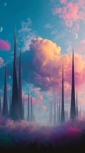 Surreal wallpaper with tall spires piercing pastel pink and blue clouds under a dreamy sky illuminated by distant moons.