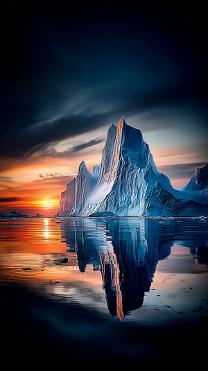 Tall jagged iceberg lit by sunset over calm arctic sea, vivid orange sky and deep-blue reflection on mirror-like water.
