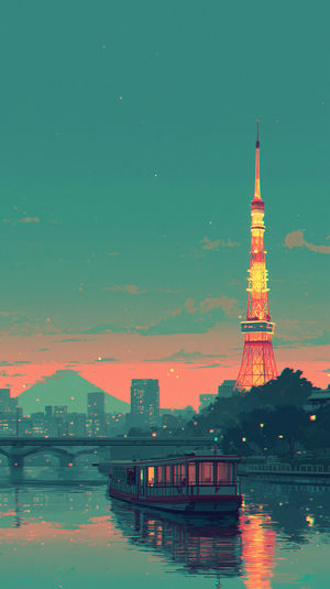 Tokyo Tower River Reflection