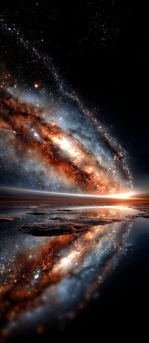 Vibrant galaxy with swirling stars and nebulae reflecting on a serene water surface beneath a dark cosmic sky.