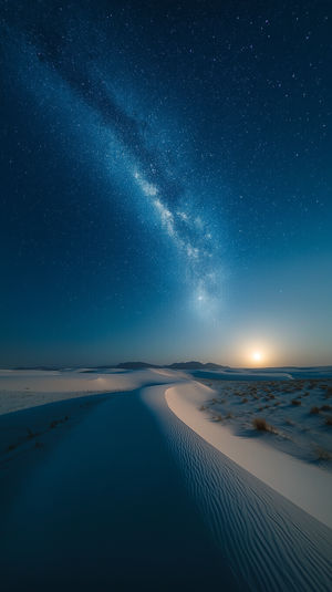 Starry Milky Way arching over white sand dunes at night, with moonlight highlighting rippled dunes and distant mountains.