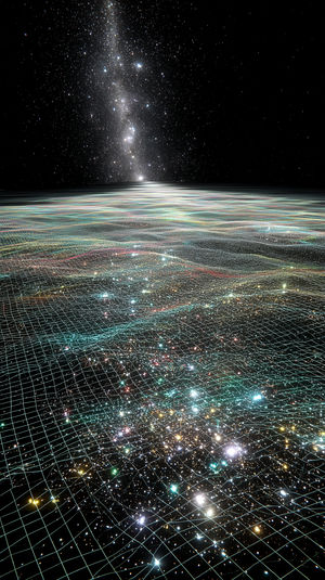 Panoramic cosmic scene with a glowing digital grid landscape merging into a star-filled sky and distant Milky Way