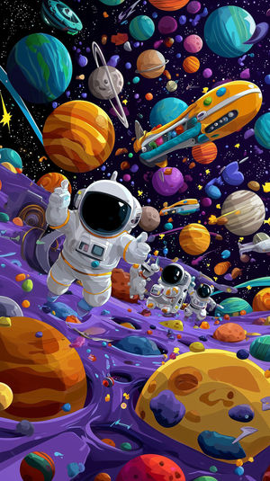 Astronauts floating among colorful planets and asteroids in a vibrant outer space scene, with spacecraft overhead.