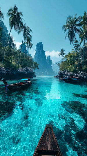 View from a wooden boat bow over crystal-clear turquoise lagoon surrounded by palm trees and limestone cliffs.