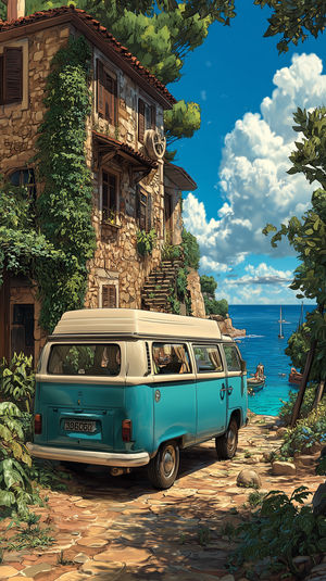 Illustrated turquoise vintage camper parked on a sunlit Mediterranean cobblestone path, stone cottage and sailboats beyond.