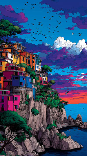 Illustrated seaside cliff village at sunset with colorful houses, dramatic purple clouds, flocks of birds and a calm blue ocean.