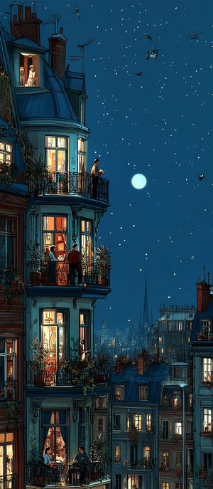 Illustration of a multi-story building with glowing windows and balconies at night under a starry sky and full moon.