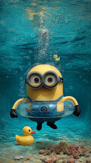 A yellow cartoon character wearing goggles floats underwater in a ring buoy surrounded by bubbles and a rubber duck.