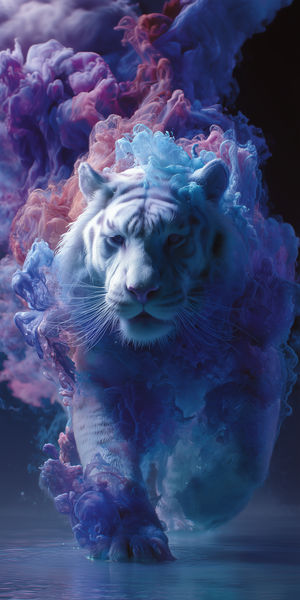 White tiger walking through swirling blue and pink ink-like clouds over reflective water, surreal lighting.