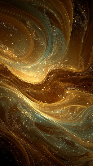 Abstract gold and teal fluid swirls with shimmering particles, resembling a luminous nebula in deep cosmic space.