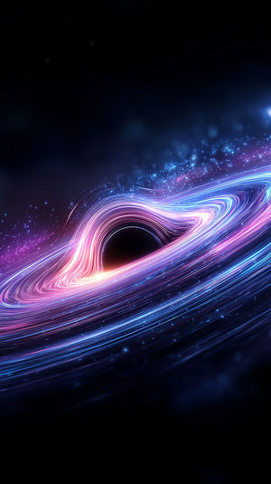 Vibrant neon black hole with swirling luminous accretion disk and sparkling cosmic particles in deep space.