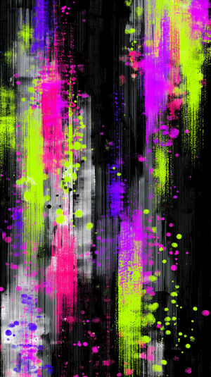 Digital abstract wallpaper with neon pink, green, and purple splatters and streaks on a dark textured backdrop.