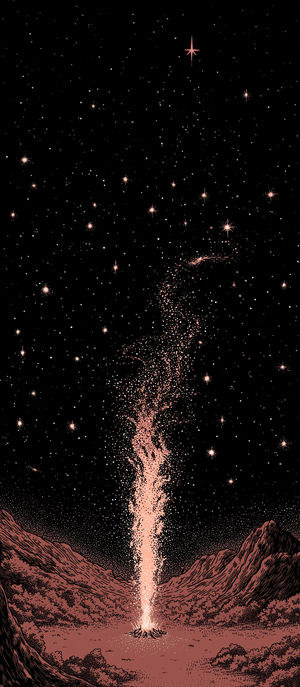 Illustration of a glowing plume of stardust rising from a mountainous valley under a star-filled black night sky.
