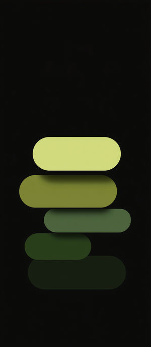 Dark background with five elongated pill shapes in varying green gradient shades stacked vertically for a minimalist abstract look.