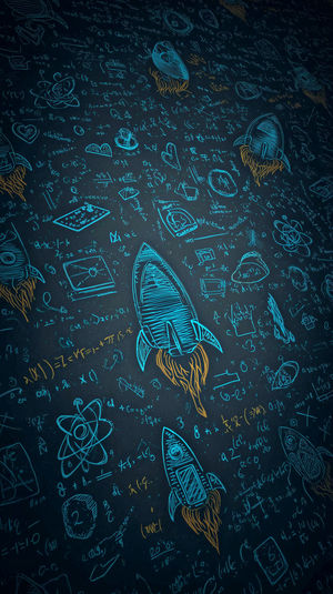 Dark 4K wallpaper with teal rocket sketches, orange flame details, atomic symbols, and chalkboard-style math formulas.