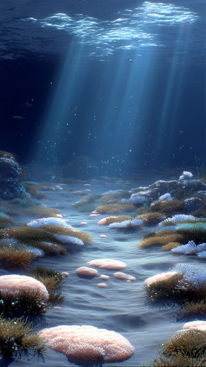 Sunlight pierces deep ocean waters over a seabed filled with colorful anemones and corals swaying gently.