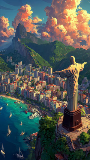 A vibrant painting of Christ the Redeemer overlooking Rio de Janeiro’s city, bay, boats and lush mountains at sunset.