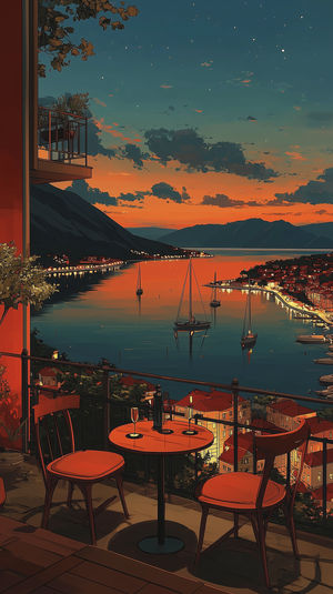 Digital illustration of a cozy balcony with table and chairs overlooking a calm bay of sailboats at sunset