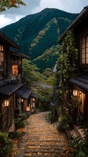Stone pathway covered in golden autumn leaves winding between traditional Japanese wooden houses at dusk.