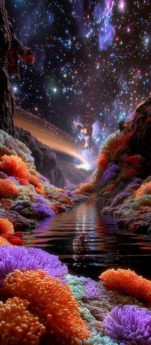 Luminous alien coral reef canyon beneath a glittering nebula and starfield, with neon anemones and a mirrored river.
