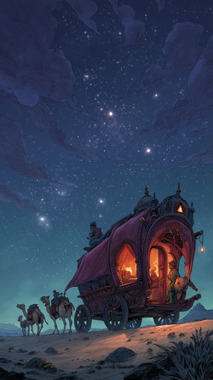 Illustration of a desert caravan wagon lit by lanterns at night, camels walking under a star-filled sky.