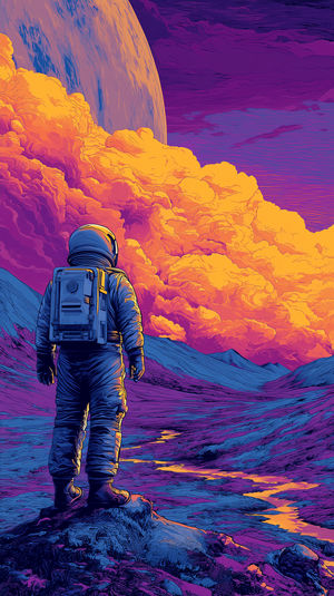 Astronaut standing on an alien ridge watching vivid purple-orange clouds, a glowing river, and a distant planet.