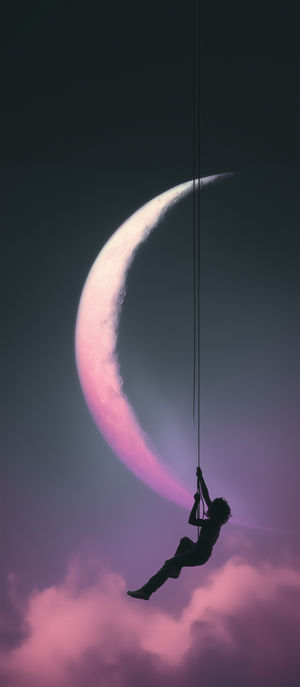 Silhouette of a person swinging from ropes beneath a glowing pink crescent moon above soft purple clouds in a surreal night sky.