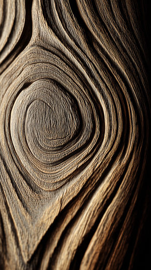 Macro close-up of a weathered wood knot with concentric grain lines and warm brown tones, high-resolution textured surface.