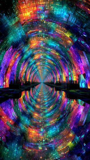 Vibrant multicolor neon tunnel forming a circular digital corridor with kaleidoscopic light reflections in high-res.