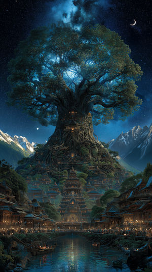 Massive illuminated tree with a tiered city carved into its roots, starry sky, crescent moon, mountain valley.