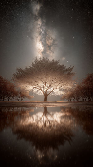 Luminous tree with warm leaves reflected in a calm lake beneath the Milky Way and a star-filled night sky.