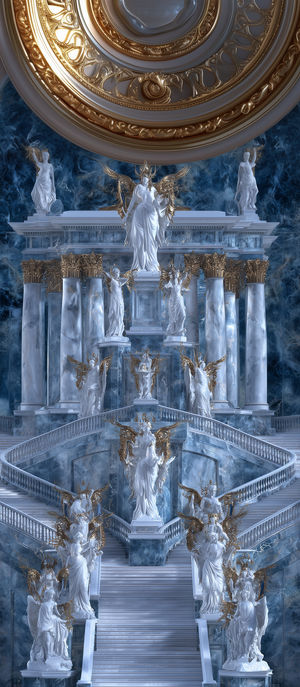 Digital rendering of a celestial marble temple interior with angelic statues, gold accents, and sweeping staircases.