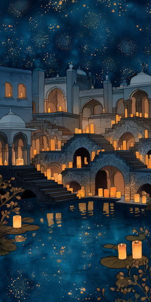 Illustration of a candlelit palace with glowing stairs and candles reflected on a deep blue pool under stars.