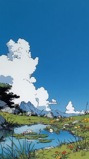 Illustrated meadow pond with lily pads and wildflowers, distant mountains, and towering white clouds.