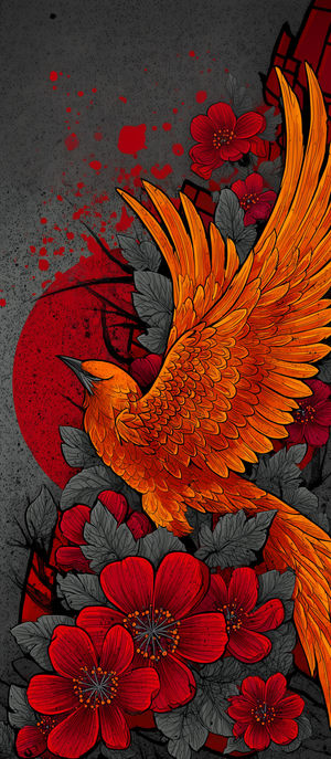 Vibrant orange phoenix with spread wings flies among red flowers and dark leaves against a grey speckled background.