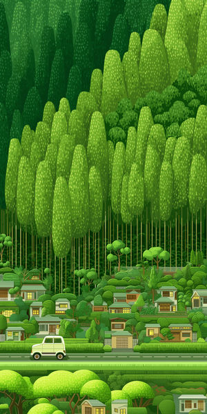 Stylized green forest village illustration with towering trees, layered foliage, cozy homes and a small car.
