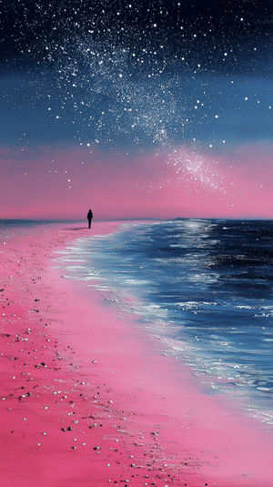 Lone person walking along a vibrant pink sandy beach beside deep blue ocean water under a star-filled night sky.