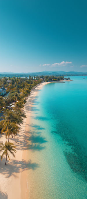 Aerial view of a pristine tropical beach with white sand shoreline, clear turquoise water, and coconut palm trees casting long shadows.