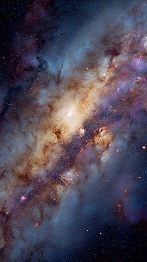 High-resolution view of the Milky Way galaxy with swirling dust lanes, glowing nebulae, and myriad stars across deep space.