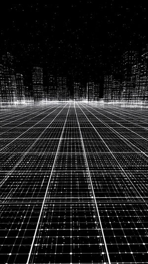 Black and white futuristic wireframe city grid stretching toward a digital horizon under a starry night sky.
