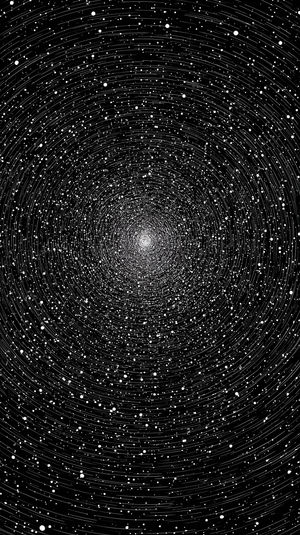 Black background with concentric swirling white star trails forming a bright central vortex, resembling a cosmic tunnel.