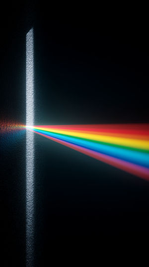 Dark minimalist scene with white light entering a prism and dispersing into a vibrant rainbow spectrum on black.
