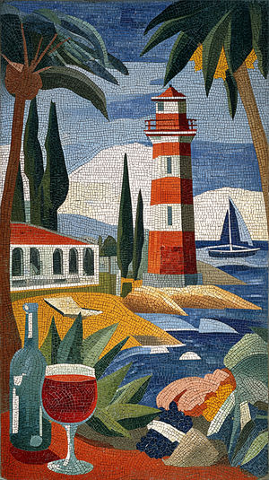 Detailed mosaic art of a coastal scene with a red lighthouse, sailboat on blue water, palm trees, wine glass and grapes.