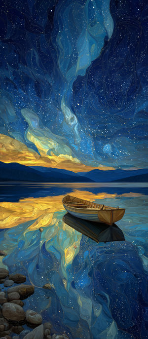 A wooden rowboat floats on calm lake water reflecting swirling golden and blue starry night sky over distant hills.