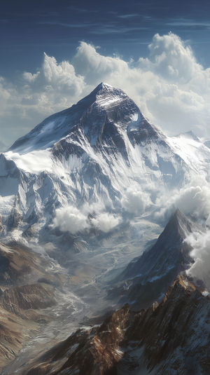 A towering snow-capped mountain peak with rugged glacier slopes emerging through fluffy clouds under a clear blue sky.