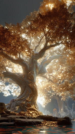 Ornate golden tree glowing with sunlight over a pile of coins by a reflective pool with koi fish.