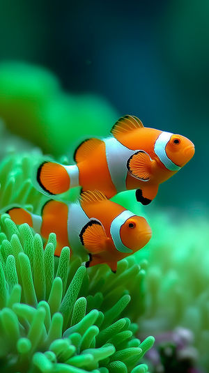Two vibrant orange-and-white clownfish swimming among green sea anemone tentacles in a crystal-clear tropical ocean setting.
